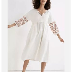 Madewell White Popover Midi Dress with Embroidered Sleeves